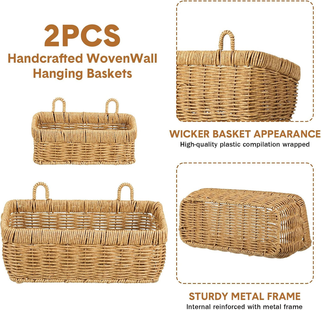 Tioncy 2 Pcs Woven Hanging Wall Baskets for Storage Boho Style Hanging Storage Plastic Woven Baskets with 4 Hooks for Kitchen Garden Living Room