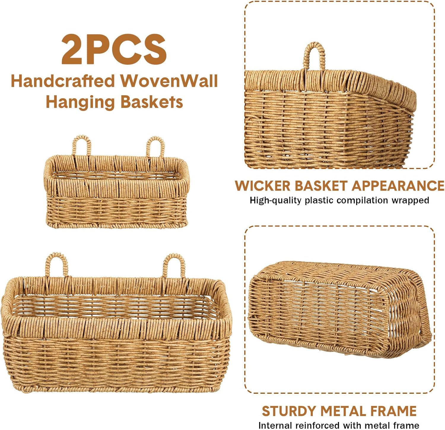Tioncy 2 Pcs Woven Hanging Wall Baskets for Storage Boho Style Hanging Storage Plastic Woven Baskets with 4 Hooks for Kitchen Garden Living Room