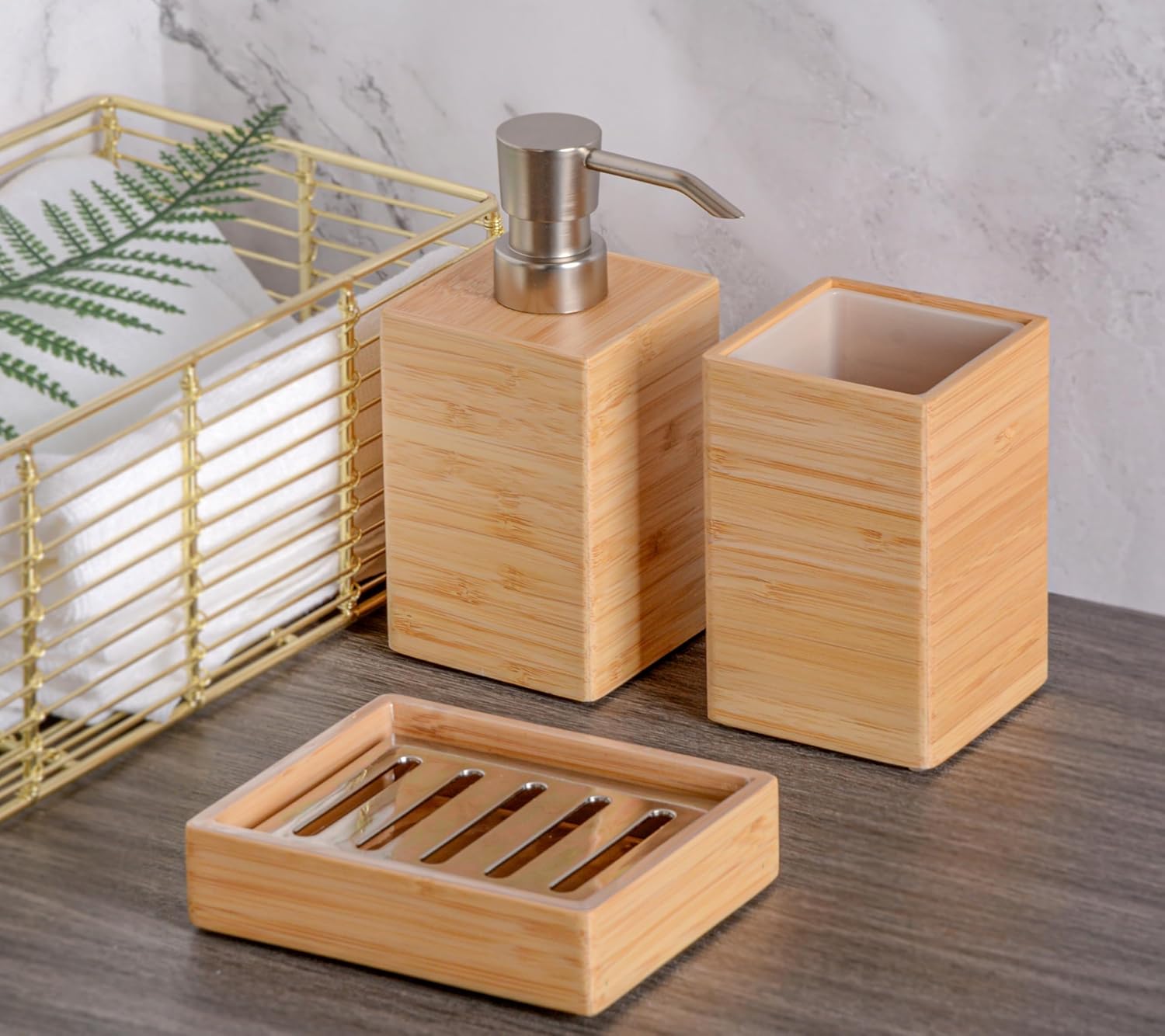 Clasin Home Bamboo Bathroom Accessories Set, 3 Pcs Wood Bathroom Accessories Soap Dispenser, Toothbrush Holder, Soap Dish, Kitchen Soap Dispenser Set for Home Decor, Housewarming Gift