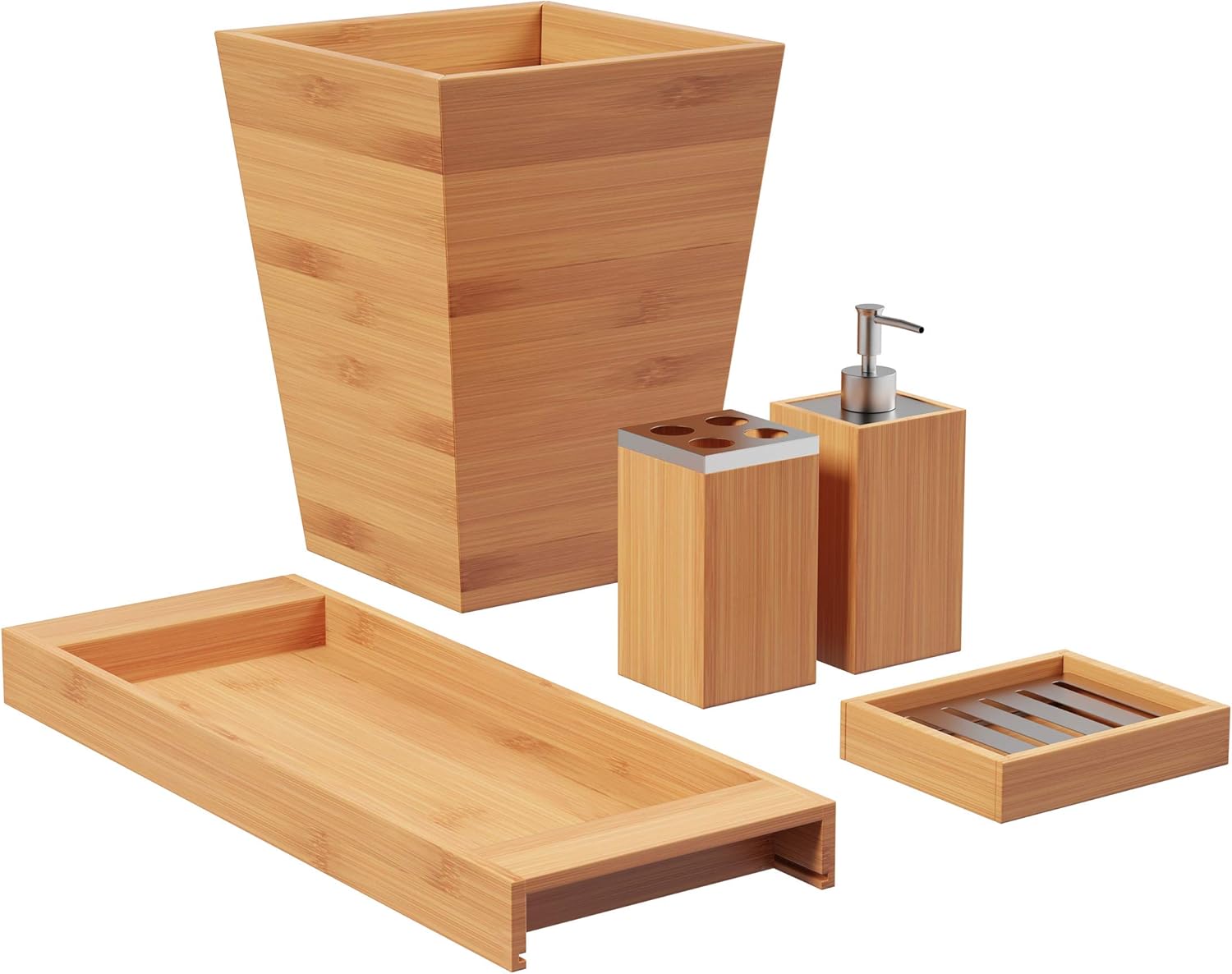 5-Piece Bathroom Decor Set - Bamboo Vanity Accessories with Trash Bin, Soap Dish, Soap Dispenser, Toothbrush Holder, and Tray by Lavish Home (Natural)