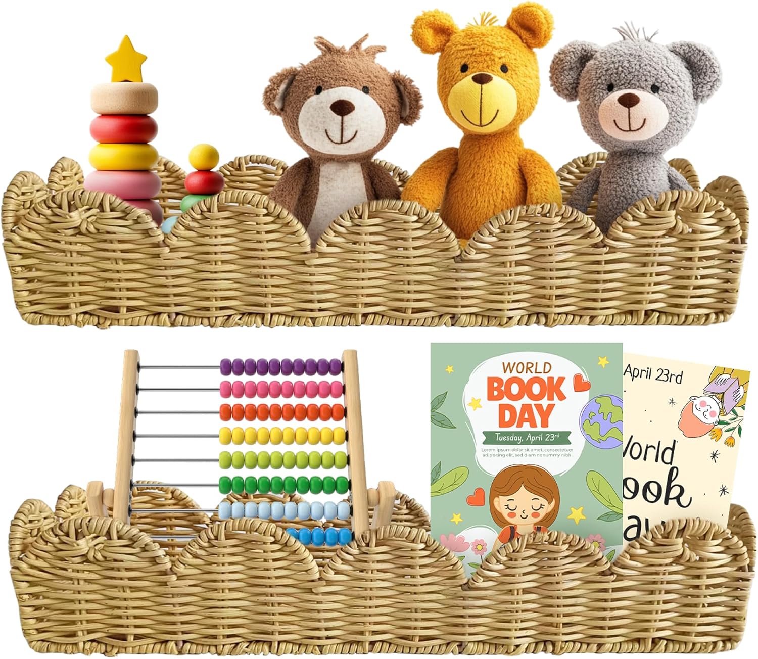 Rattan Nursery Book Shelf, Woven Scalloped wall Shelves, Wicker Hanging Storage Basket, Baby Room Bookshelf, Wall Mounted Natural Baskets Boho Home Decor, Set of 2