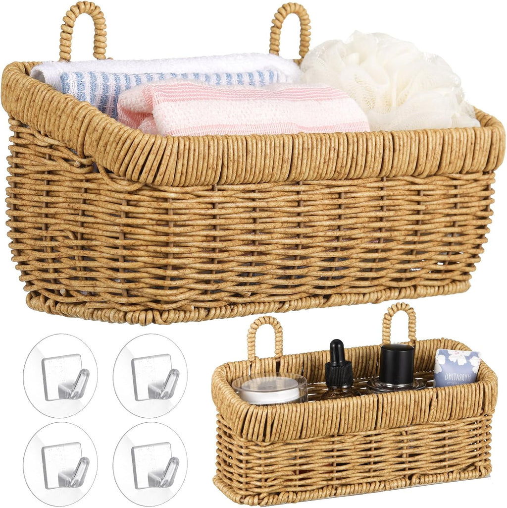 Tioncy 2 Pcs Woven Hanging Wall Baskets for Storage Boho Style Hanging Storage Plastic Woven Baskets with 4 Hooks for Kitchen Garden Living Room