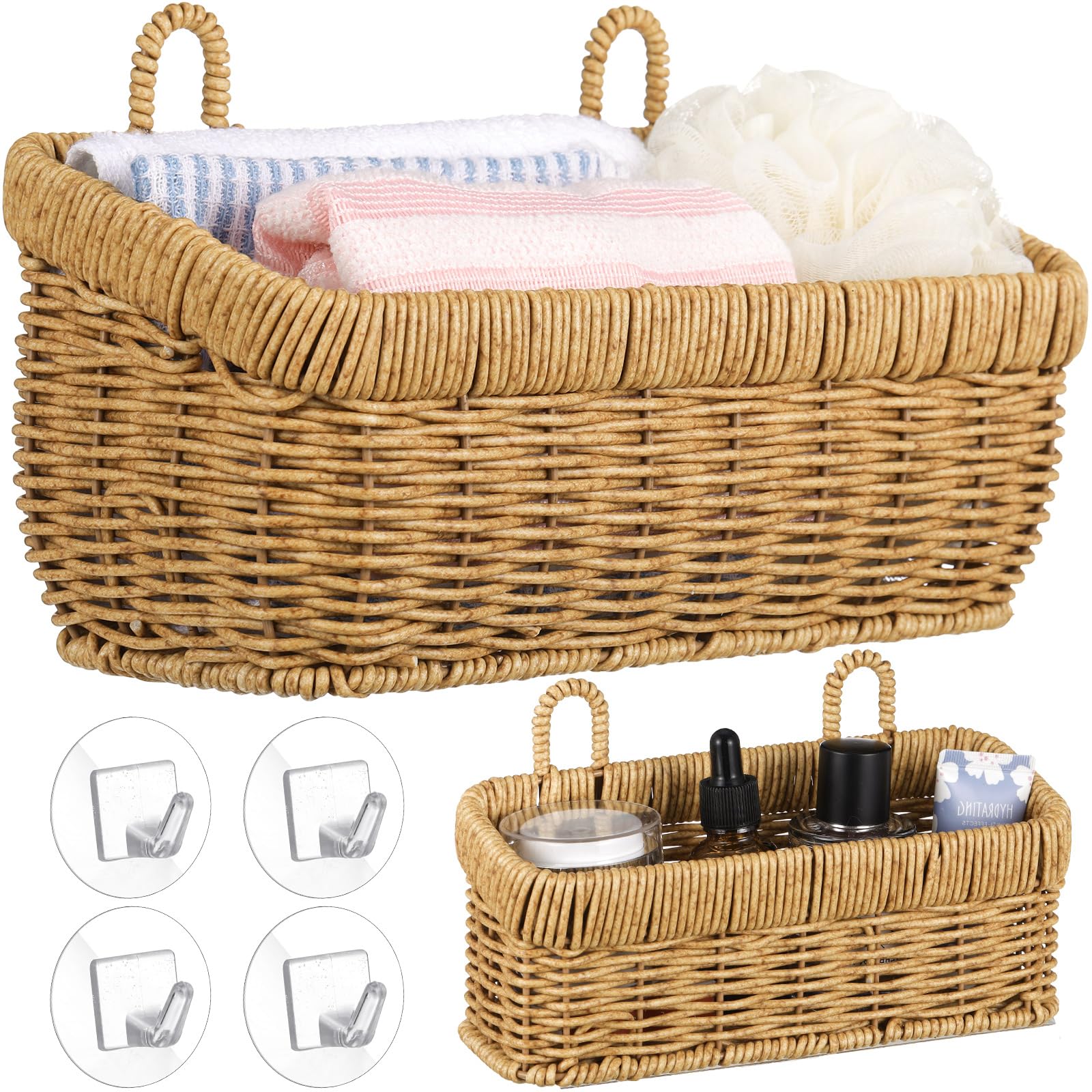 Tioncy 2 Pcs Woven Hanging Wall Baskets for Storage Boho Style Hanging Storage Plastic Woven Baskets with 4 Hooks for Kitchen Garden Living Room