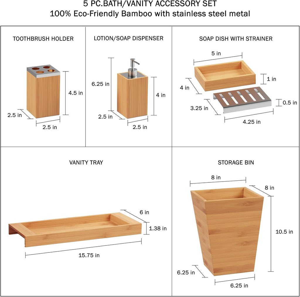 5-Piece Bathroom Decor Set - Bamboo Vanity Accessories with Trash Bin, Soap Dish, Soap Dispenser, Toothbrush Holder, and Tray by Lavish Home (Natural)