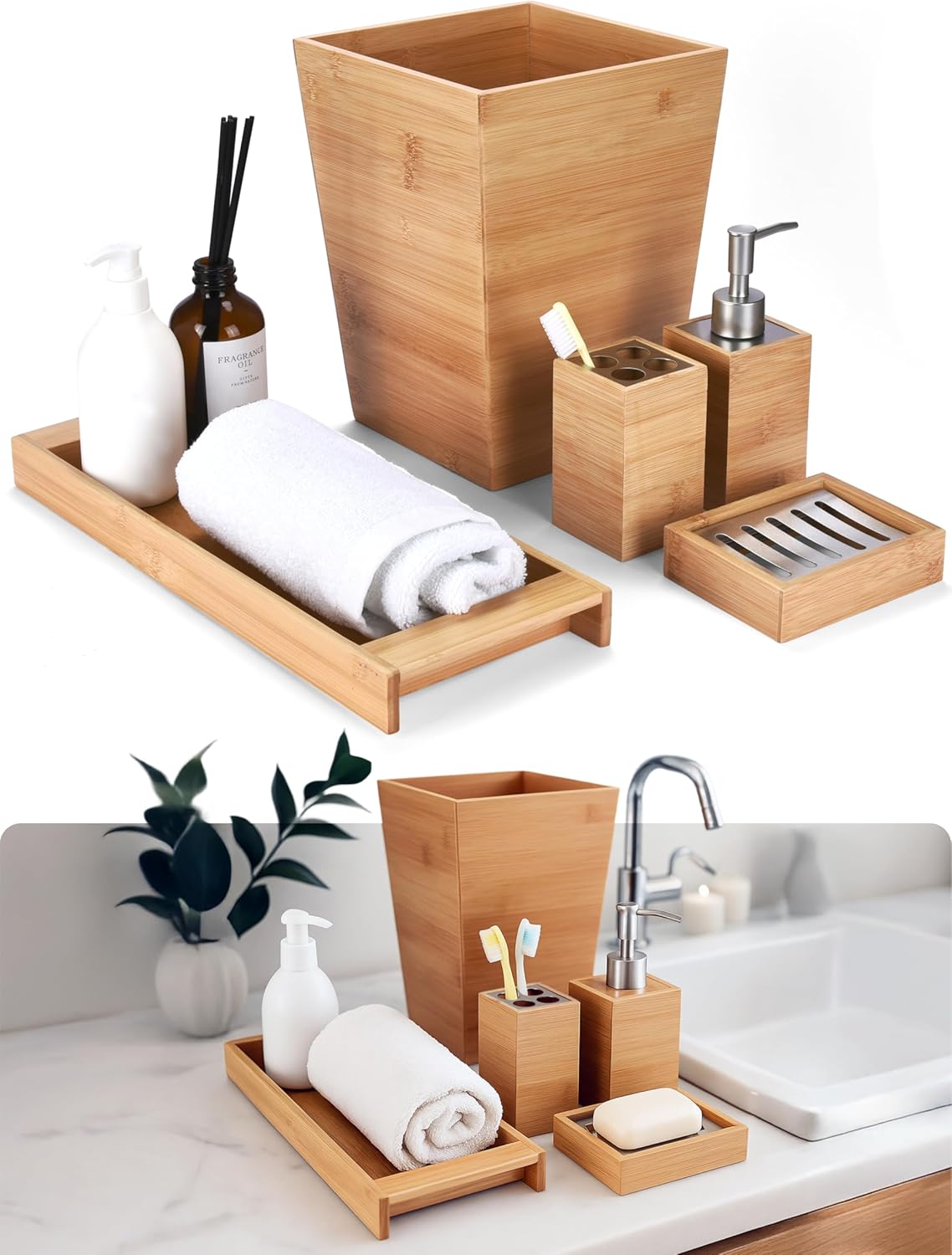 Bamodi Bamboo Bathroom Decor Set - 5-Piece Aesthetic Decorative Accessories for Restroom - 7x2.5X.2.5-Inch Set Includes Toiletry Box, Toothbrush Holder, Liquid Soap Dispenser, and Wooden Towel Tray