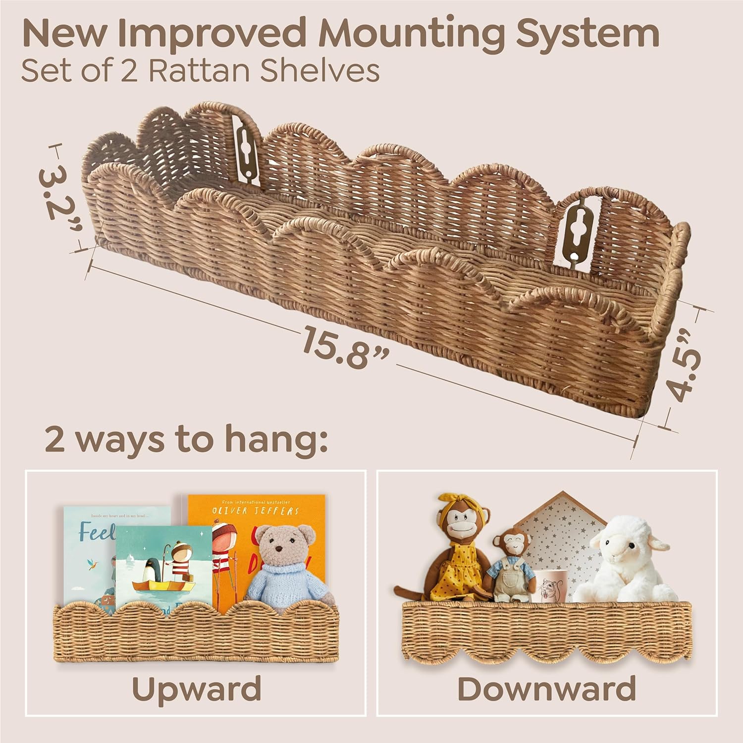 Nursery Book Shelves Set of 2 - Artisanal Natural Rattan Scalloped Book Shelf for Kids Rooms 15.8" W, Cute Wicker Nursery Bookshelf Wall Mounted, Handwoven Floating Kids Bookshelf, Baby Boho Decor