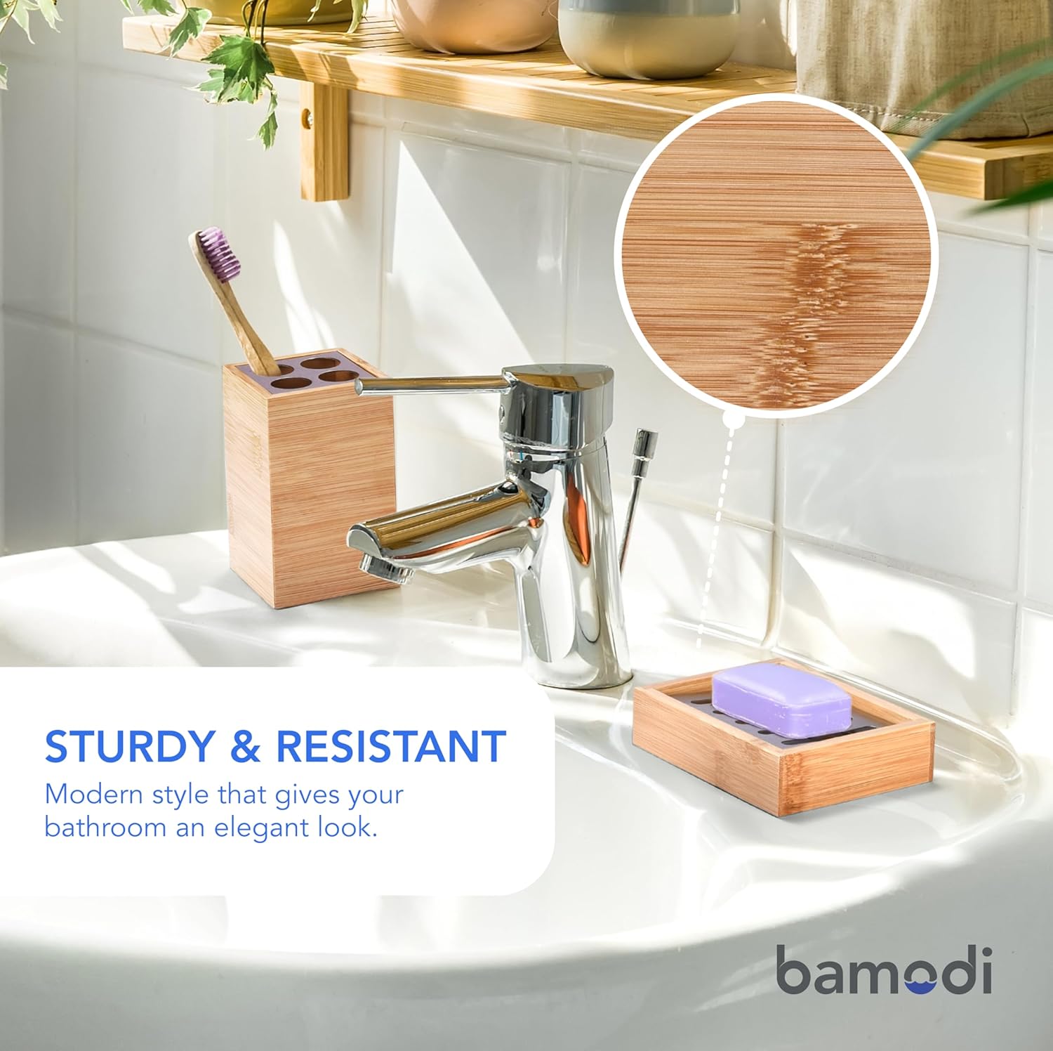 Bamodi Bamboo Bathroom Decor Set - 5-Piece Aesthetic Decorative Accessories for Restroom - 7x2.5X.2.5-Inch Set Includes Toiletry Box, Toothbrush Holder, Liquid Soap Dispenser, and Wooden Towel Tray