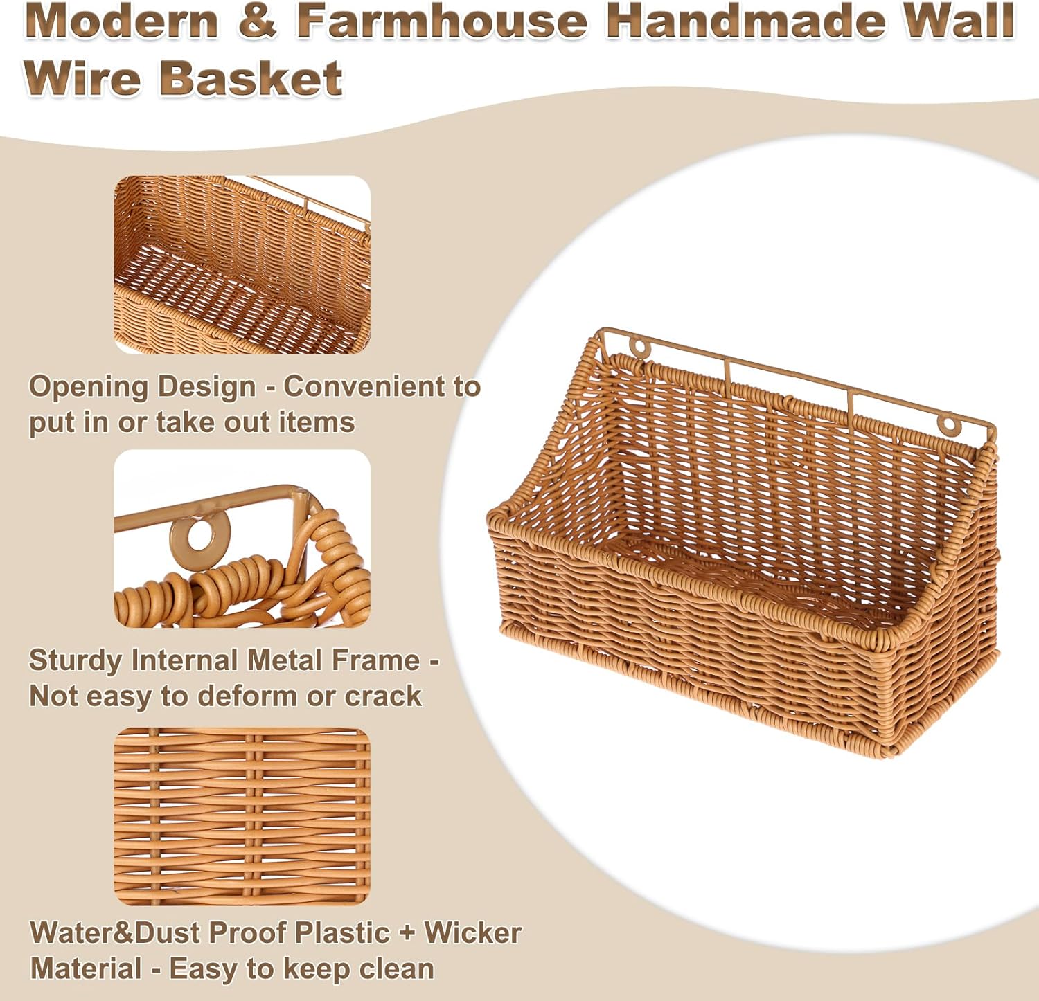 OwnMy 2PCS Plastic Wicker Hanging Basket Wall Mount Storage Baskets for Kitchen Organizing Fruit, Onion, Potato, Vegetable, Hanging Fruit Baskets for Kitchen Counter/Pantry/Cabinet