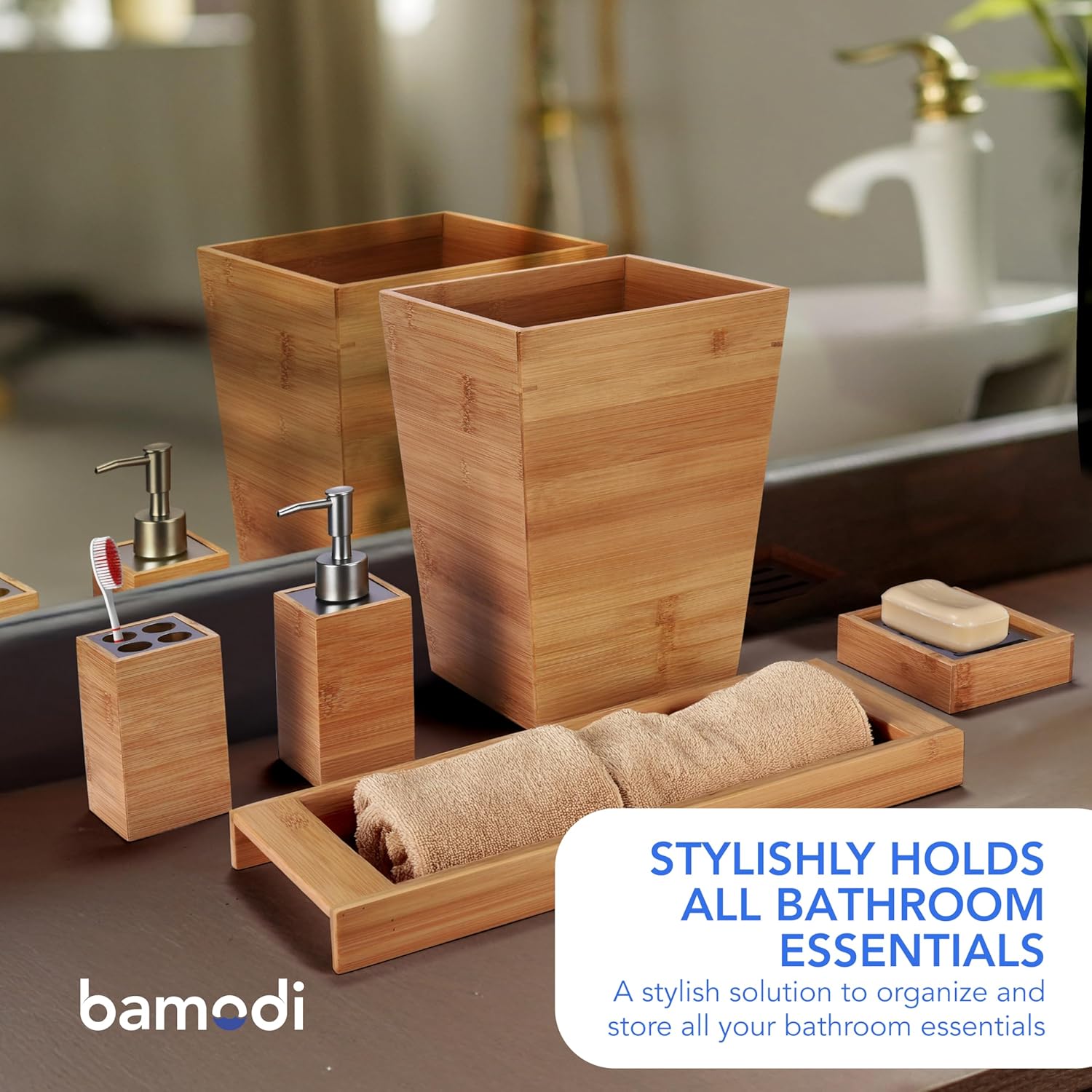 Bamodi Bamboo Bathroom Decor Set - 5-Piece Aesthetic Decorative Accessories for Restroom - 7x2.5X.2.5-Inch Set Includes Toiletry Box, Toothbrush Holder, Liquid Soap Dispenser, and Wooden Towel Tray