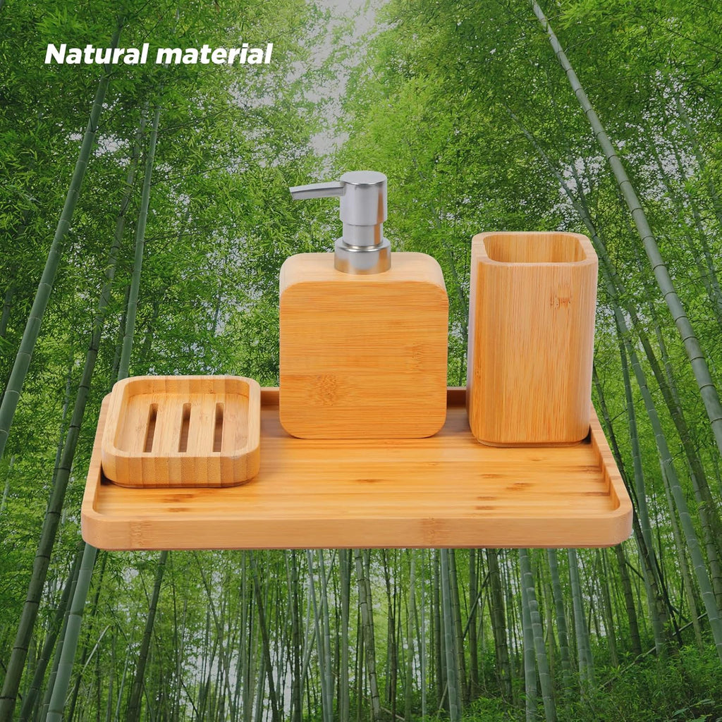 4Pcs Handmade Bamboo Sink & Bathroom Accessories Set Retro Set, Natural, Soap Dish Holder for Shower, Lotion Soap Dispenser, Mouthwash Cup, Rinse Cup, Organiser Tray for Hotel, House, Office